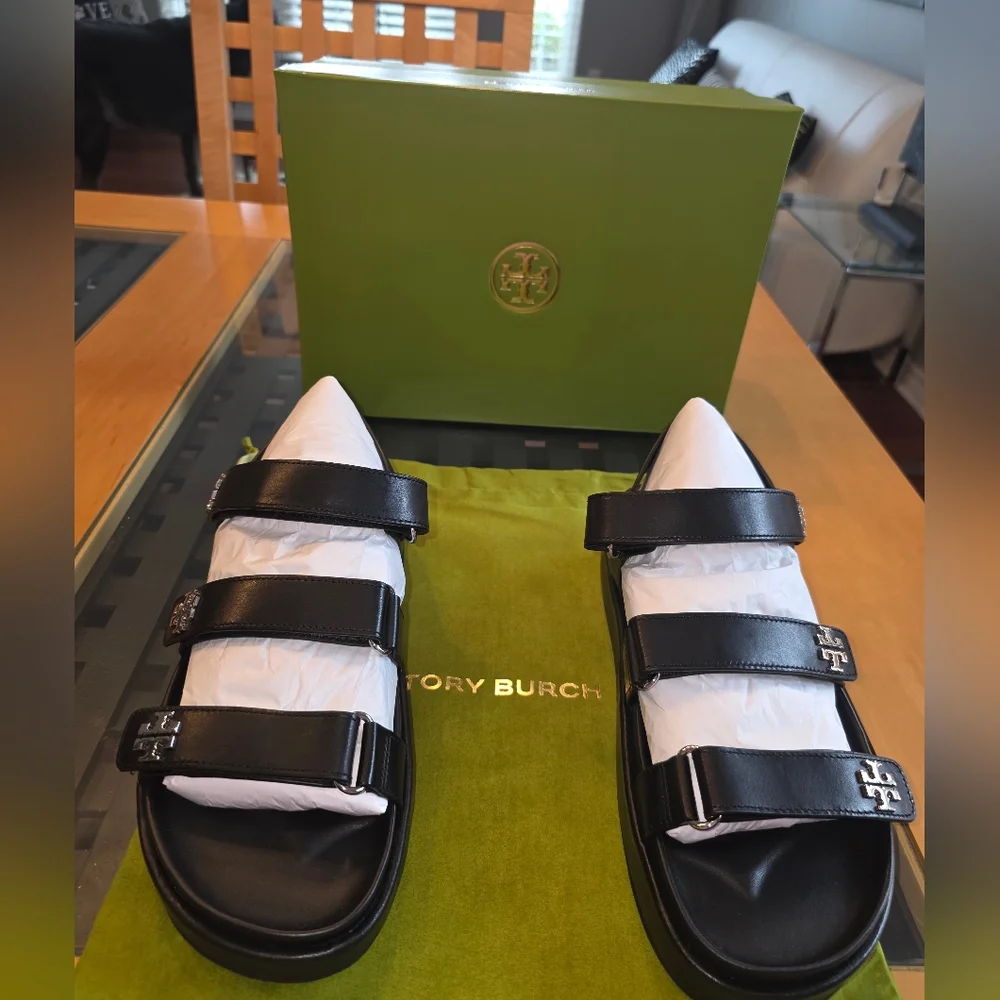 NWT Tory Burch Kira Triple Strap Black And Silver Sandals SOLD OUT EVERYWHERE - Picture 5 of 11